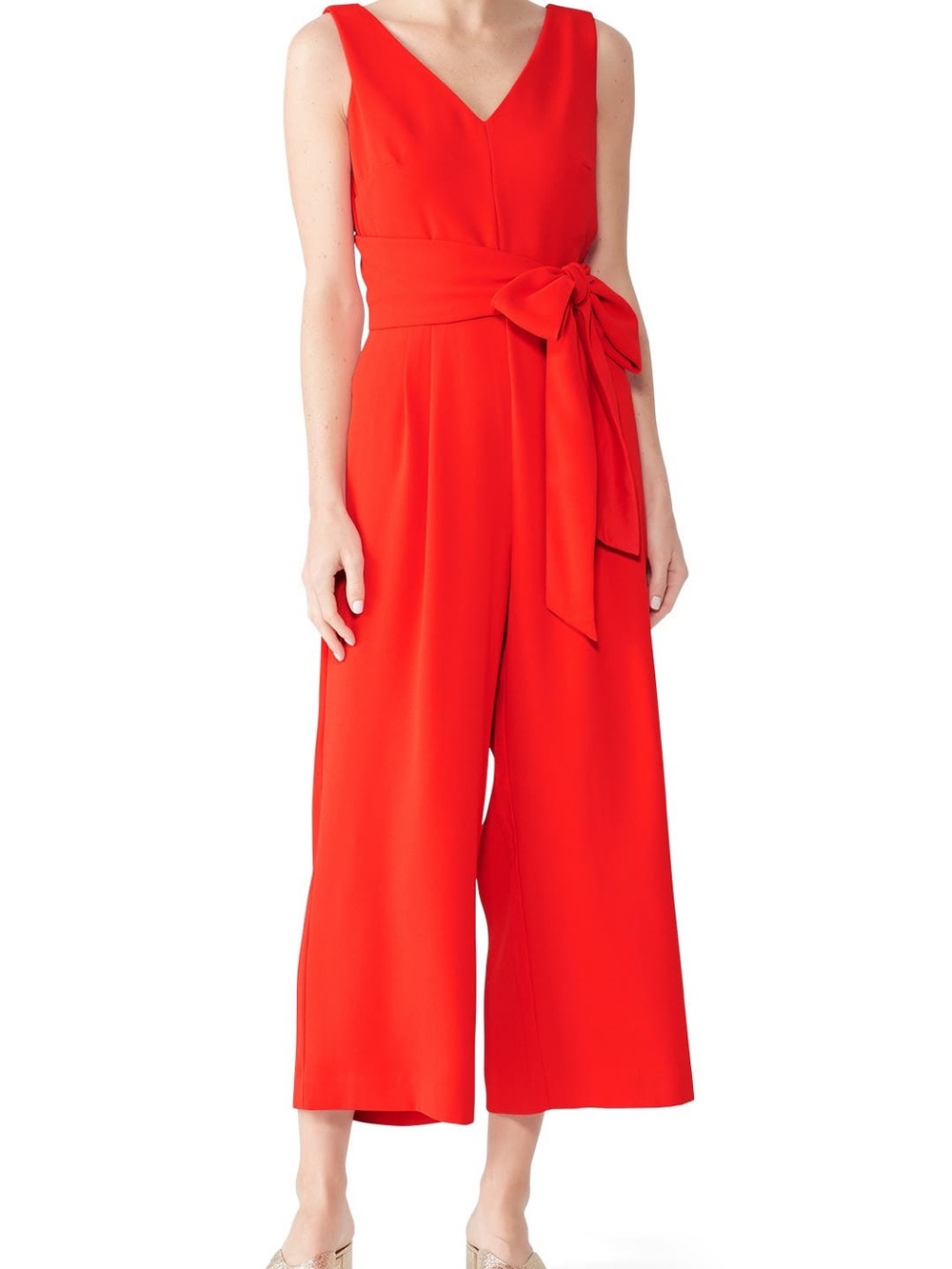 Vince Camuto Bright Coral Red Sleeveless V-Neck Jumpsuit with Tie Waist